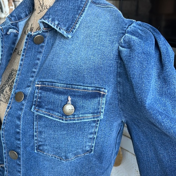 tgla puff long sleeve blue denim jacket shirt cropped raw hem stretch - Picture 8 of 16